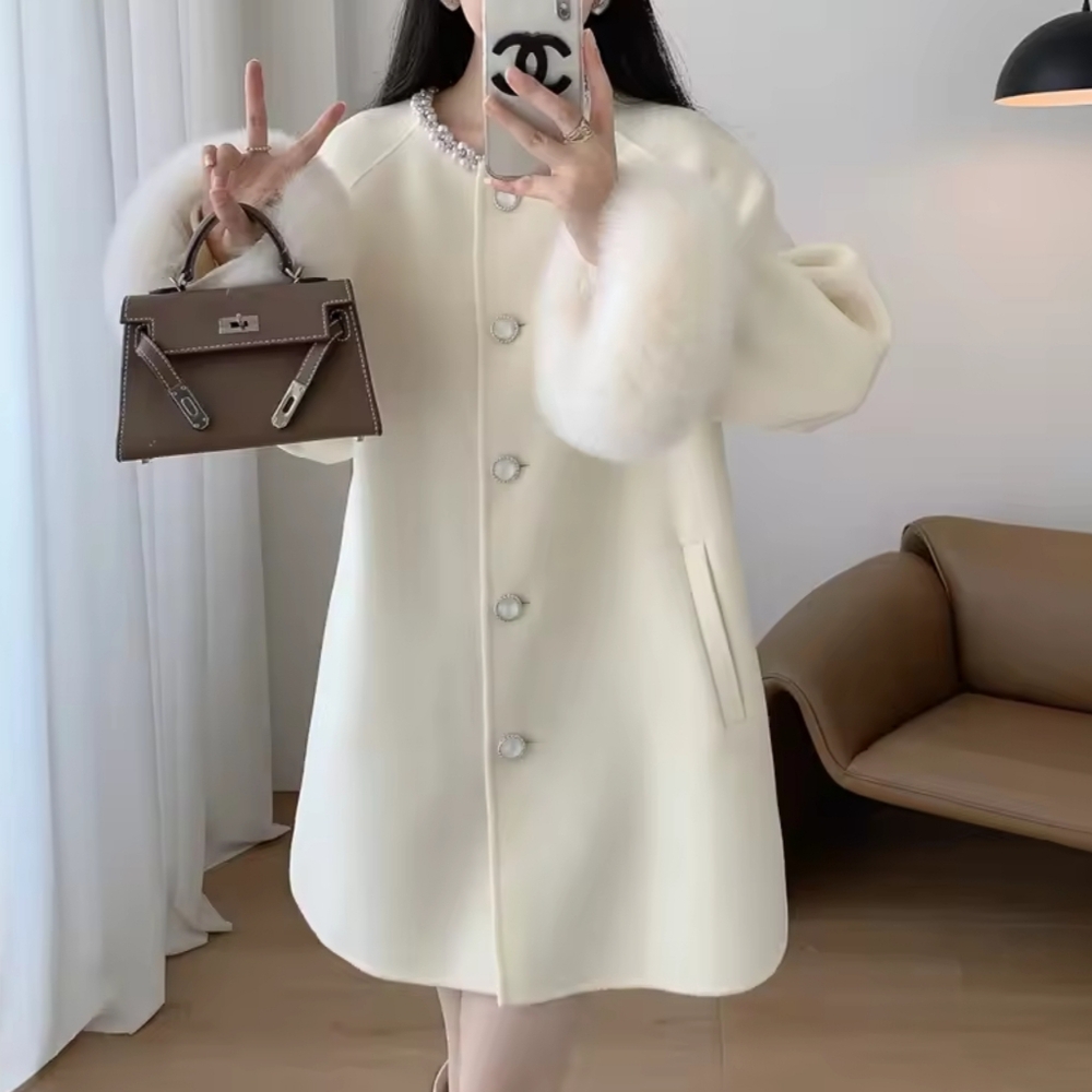 Wool Woolen Coat Real Fox Fur Cuff Coat Winter Jacket Natural Fox Fur - Picture 7 of 8
